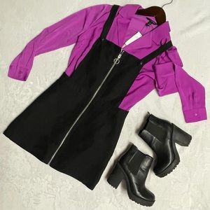 Suede Black Romper Skirt, Zipper Front